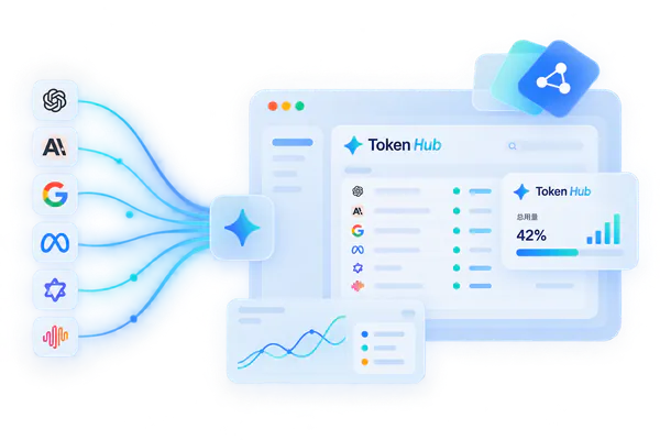 Token Hub 统一模型接入、调用与运营示意图